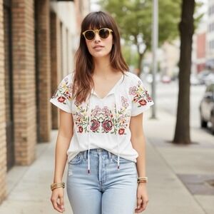 Anthropologie Medium Elodie Embroidered Floral Smocked Peasant Top Boho